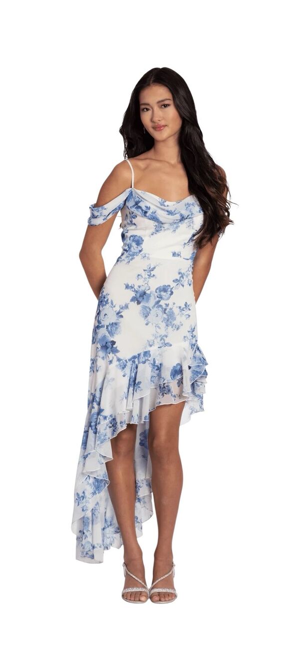 Camille La Vie Off-The-Shoulder Asymmetric Blue White Floral-Print Chiffon Dress